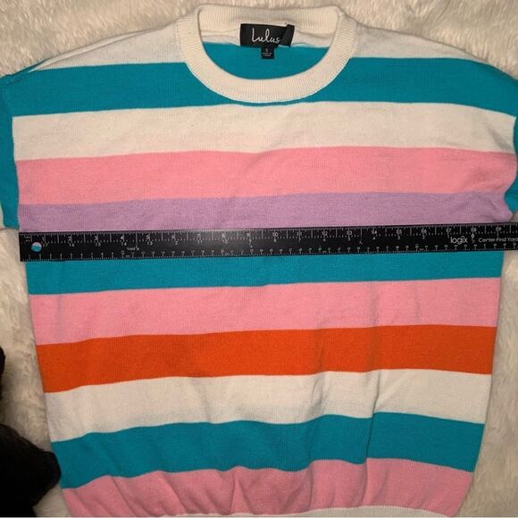 Sz Small Lulu’s Striped Cream Pink Teal and Orange Sweater - Picture 3 of 11